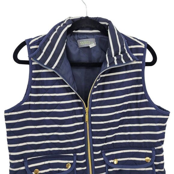 Casual Identity Quilted Vest Petite M Blue White Nautical Striped Zip Up Preppy - Picture 9 of 15